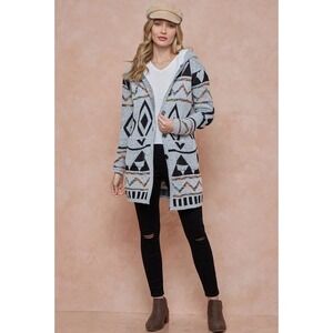ON BLUE AZTEC SHERPA lined gray CARDIGAN SWEATER WESTERN Bohemian hooded SM
